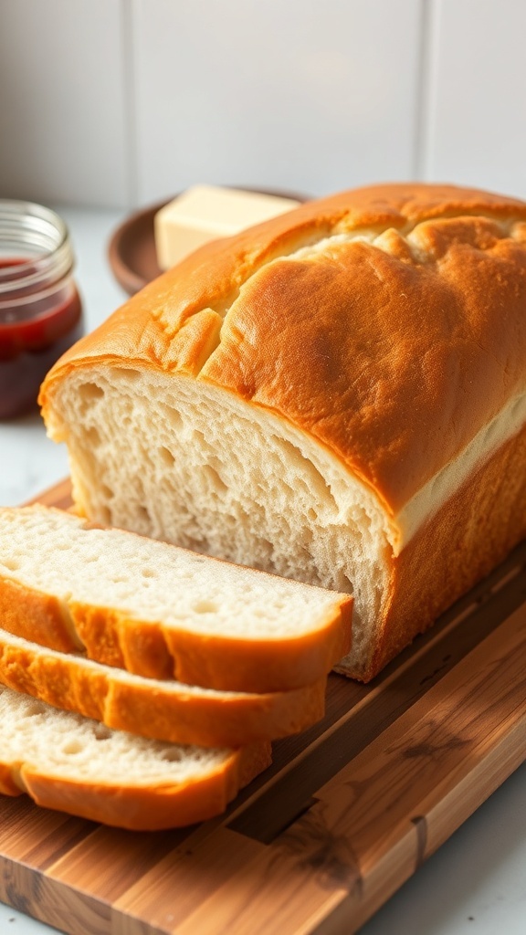 Homemade Sandwich Bread Recipe Freshly baked sandwich bread loaf on a cutting board with slices, accompanied by jam and butter.